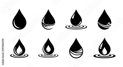 Water droplets set with ripples and reflections in black silhouette featuring waterdrop, vector icons, liquid symbols with droplet illustrations and