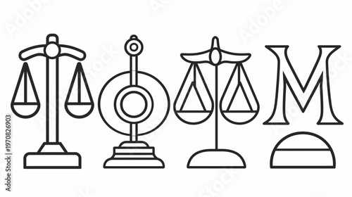 Black and white line art illustrations of scales, an M shape, and a semi-circle