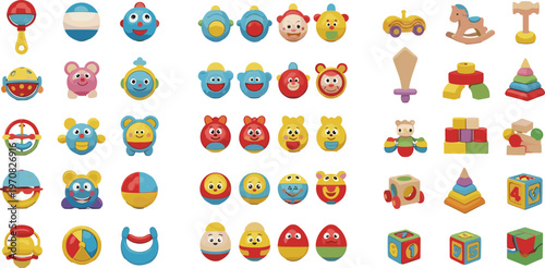 Set of Colorful Toy Illustrations, Featuring Various Baby Toys such as Rattles, Blocks, Bears, and Ride-On Vehicles