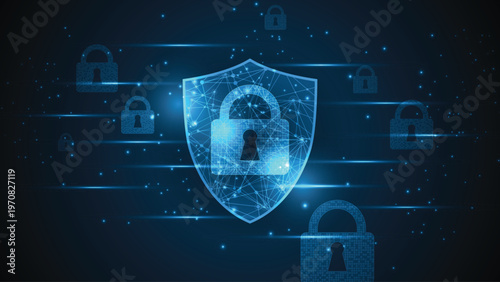 Blue shield with lock surrounded by smaller locks and lines on dark background