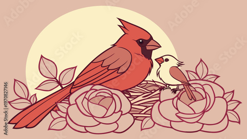 Cardinal Mother Tucking Feathers Over Babies.