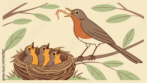 Mother Robin Feeding Hungry Chicks