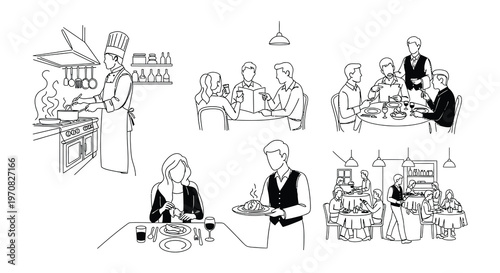 Line art depicting a restaurant scene with a chef and dining guests