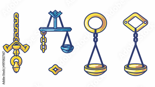 Collection of stylized, isolated, illustrated, ornate measuring or balancing tools