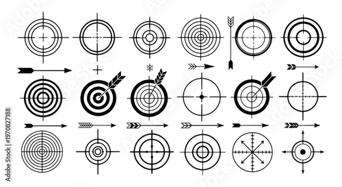 Arrows hand drawn set with black curved lines and targets for archery and aim guidance featuring vector, icons, collection with graphic resources and