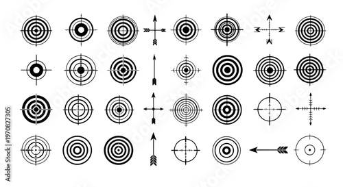Targets hand drawn set with black curved lines and arrows featuring bullseye, concentric circles, aiming with shooting and archery elements for