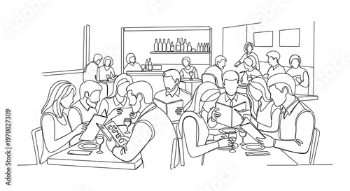Line art depicting a restaurant scene with a chef and dining guests