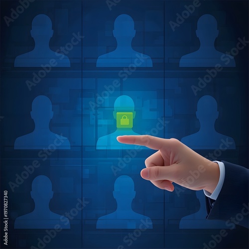 A hand points toward a highlighted profile with a lock icon symbolizing user selection and security