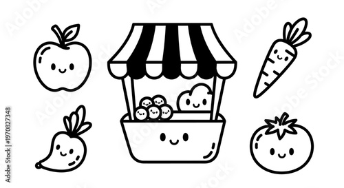 A black and white illustration of a smiling fruit stand with various vegetables.