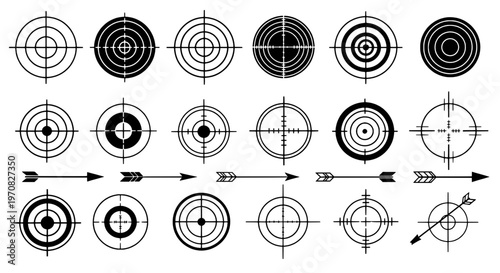 Targets bullseye set with concentric circles and arrows pointing featuring aiming, practice, shooting with archery and design elements for vector,