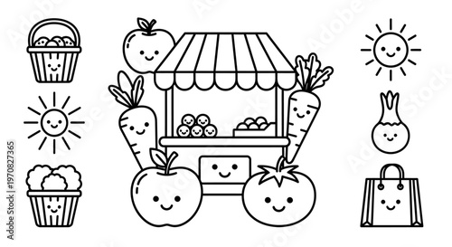 A black and white line drawing of a fruit stand with smiling fruits and pastries.