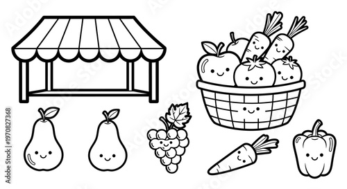 Colorful illustration of smiling fruits and vegetables.