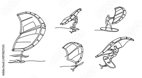 Line art illustrations depicting windsurfers in dynamic poses on water