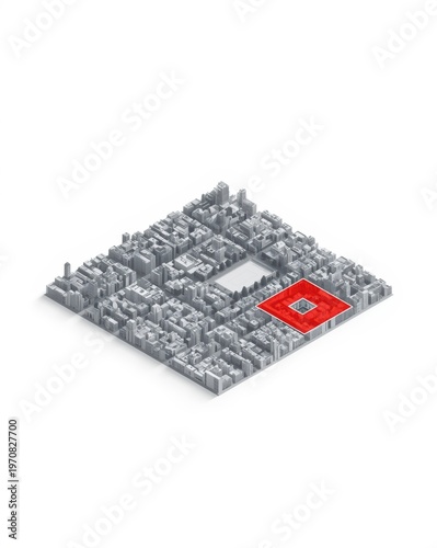An isometric view of a city grid layout with a single building highlighted in bright red color isolated on white background