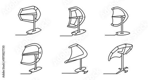 Line art illustrations depicting windsurfers in dynamic poses on water