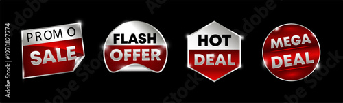 Vector Promo Sale Badges - Flash Offer, Hot Deal, Mega Deal Stickers with Realistic Metallic Texture and Glossy Finish on Black Background