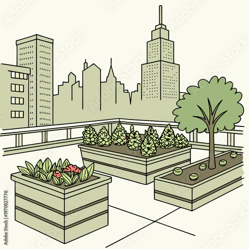 A vector graphic illustration of a rooftop garden in a city