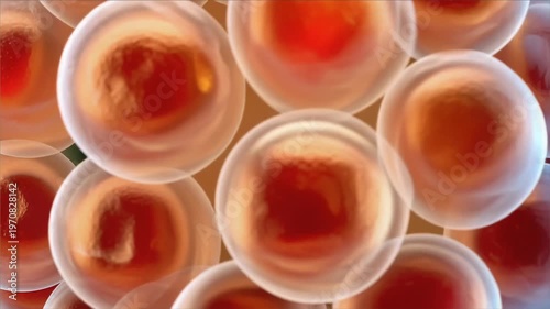 Adipose tissue cell cluster 3D spherical formation with detailed biological membranes and vibrant medical structures glowing softly blue background