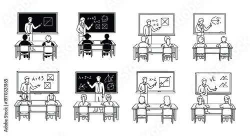 Line art illustrations depicting teachers giving lessons at school blackboards