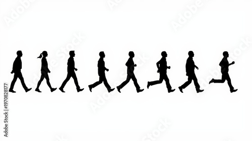 A sequence of black silhouettes showing the progression of a person from walking to running fast. isolated on white background