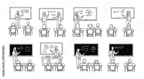 Line art illustrations depicting teachers giving lessons at school blackboards