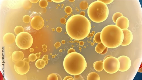 Adipose tissue cell lipid droplets float blue background showing biological fat storage energy reserve microscopic structure and cellular composition