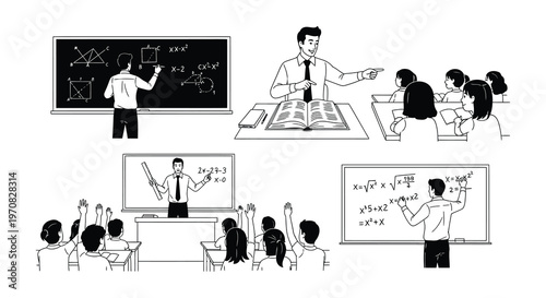 Line art illustrations depicting teachers giving lessons at school blackboards