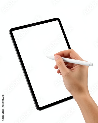 A person is holding a digital pen and drawing on a blank tablet screen against white background isolated on white background