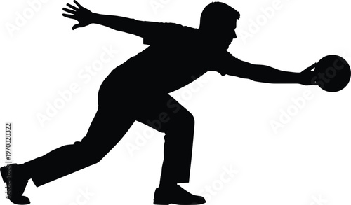 Black silhouette of a male bowler in action throwing a bowling ball on a lane isolated on white background for sports and recreation.