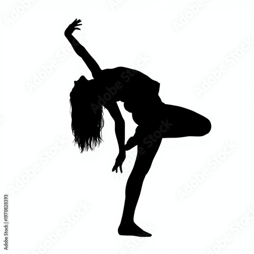 A black silhouette of a graceful female dancer performing a flexible pose against white background isolated on white background