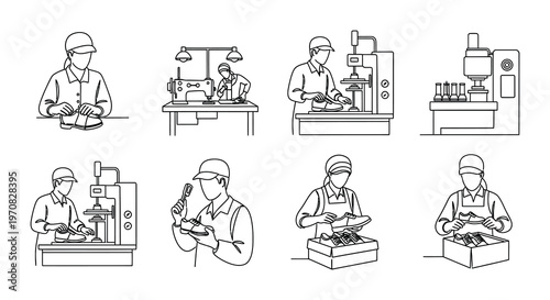 Line drawing depicts various workers engaged in shoemaking processes