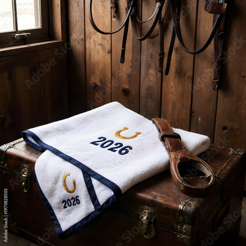 Wallpaper Mural White towel with 2026 logo placed on wooden chest in stable   Torontodigital.ca