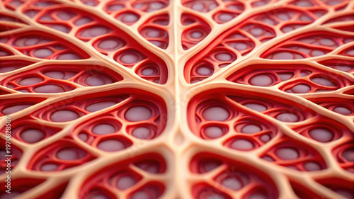 Adipose tissue close up showing detailed cellular structure with red and beige colors creating intricate organic pattern full of depth and texture