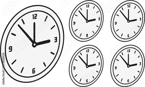 Free Download Set of Simple Black and White Analog Clocks with Various Time Positions in Clean Minimal Style. Classic Time Concept for Scheduling, Education and Interface Design. - GFXLoad