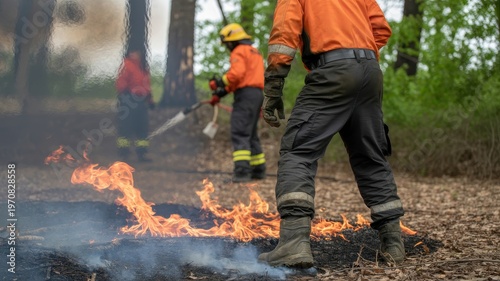 Professional firefighters managing a prescribed burn to prevent forest wildfires