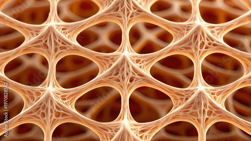 Adipose tissue close up showing detailed porous structure with interconnected fibers creating natural biological network in warm brown tones