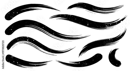 Strokes brush set with black curved lines and white speckles on clean background featuring grunge effect, hand drawn, vector illustration with