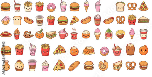 Cute fast food and dessert characters collection with burgers fries pizza donuts and drinks cartoon vector illustration set isolated on white background