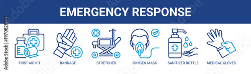 Emergency Response web banner icon vector illustration concept with icons of first aid kit, bandage, stretcher, oxygen mask, sanitizer bottle, and medical gloves.