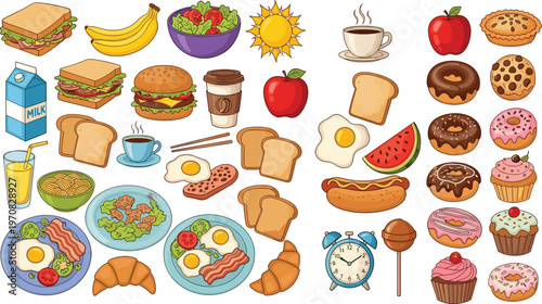 Breakfast and fast food collection with sandwiches donuts coffee eggs and pastries cartoon vector illustration set isolated on white background