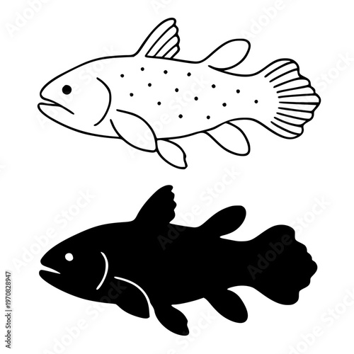 Ceolacanth vector icon, outline and silhouette, for animal or fish design, isolated on transparent background