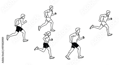 Line art illustration depicting a group of people running and exercising