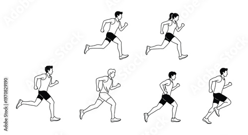 Line art illustration depicting a group of people running and exercising