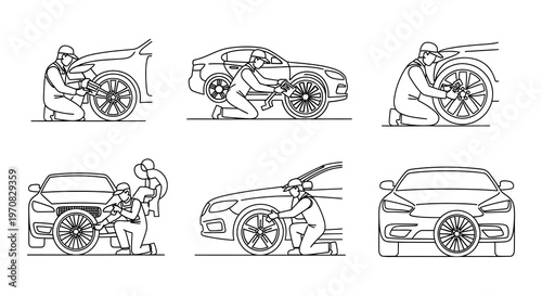 Line art illustration depicting mechanics working on various car repairs