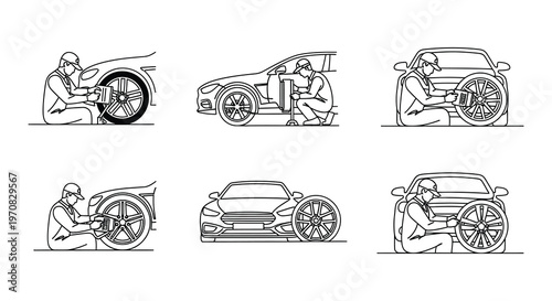 Line art illustration depicting mechanics working on various car repairs