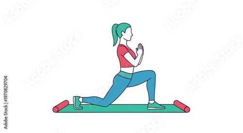 A woman with a ponytail is performing a low lunge yoga pose on a green mat with hands in prayer position.