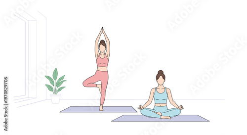 Two women are practicing yoga in a bright, minimalist room with a window and a potted plant.