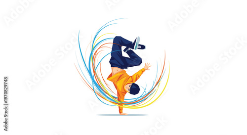 A stylized illustration shows a male breakdancer in a dynamic one-handed handstand pose with vibrant swirling lines against a white background.