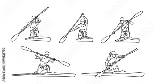 Line art illustration of kayakers paddling in various positions