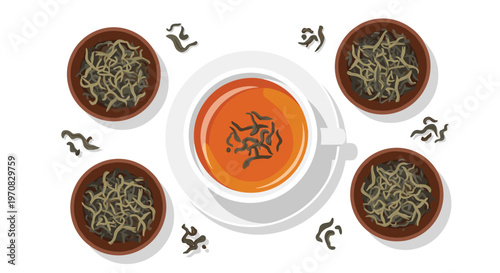 A white teacup filled with orange tea sits on a saucer, surrounded by four small brown bowls overflowing with dried tea leaves.